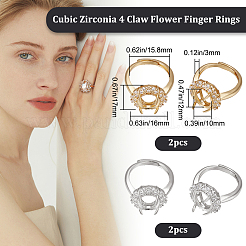 4Pcs 2 Colors Adjustable Brass Micro Pave Clear Cubic Zirconia Flower Adjustable Ring Components&nbsp;ZIRC-BBC0001-93