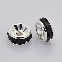 真鍮製ラインストーンスペーサービーズ  グレードAAA  ストレートフランジ  ニッケルフリー  銀色のメッキ  ロンデル  ジェット  6x3mm  穴：1mm&nbsp;RB-A014-Z6mm-02S-NF