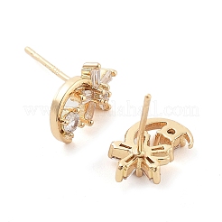 Moon with Flower Brass Micro Pave Cubic Zirconia Stud Earrings&nbsp;EJEW-Q800-24KCG