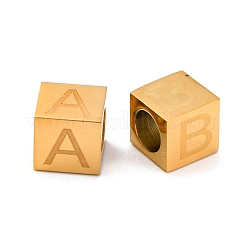 304ステンレススチールヨーロピアンビーズ  大穴ビーズ  文字a~z付きのキューブ  ゴールドカラー  7x7x7mm  穴：4.5mm  26個/セット&nbsp;STAS-G349-01G
