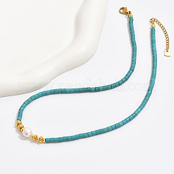Synthetic Turquoise Column & Natural Pearl Beaded Necklace&nbsp;DK7962-1
