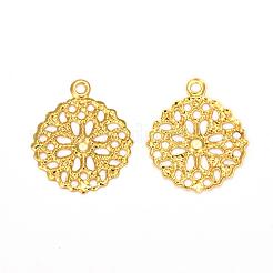 フラットラウンド真鍮の花の細工のパーツチャームペンダント  ゴールドカラー  15x13x0.5mm  穴：1mm&nbsp;X-KK-O015-05G