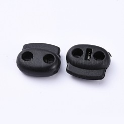 プラスチック製のスプリングコードロック  2ホールドローストリングトグルスプリングクラスプ  ブラック  17.5x19.5x7.5mm  穴：4.5mm&nbsp;KY-WH0020-43T