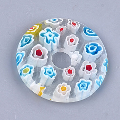 手作りミッレフィオーリランプワークペンダント  ドーナツ/円盤  透明  ドーナツ幅：17.5~18.3mm  44.5~45x6mm  穴：8~10mm&nbsp;LAMP-S191-13F