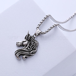 Vintage Punk Style 304 Stainless Steel Unicorn Head Pendant Necklaces for Unisex&nbsp;RN4370