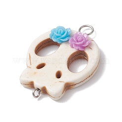 ハロウィーンの頭蓋骨の合成ターコイズコネクタチャーム、花の樹脂付き  ミックスカラー  36x25x7mm  穴：2~5mm&nbsp;PALLOY-JF02780