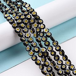 フラットラウンド手作りミッレフィオーリガラスビーズ  ブラック  6x3mm  穴：0.5mm  約65個/連  14.1インチ&nbsp;LK-R004-55-A