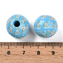 イースターテーマのプリントウッドビーズ  ラウンド  ディープスカイブルー  14.5~15x15.5~16.5mm  穴：4~4.5mm&nbsp;WOOD-T032-22F