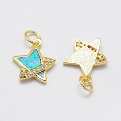 真鍮製マイクロパヴェキュービックジルコニアチャーム  合成オパールと  スター  鉛フリー＆ニッケルフリー＆カドミウムフリー  ゴールドカラー  13x13x2.5mm  穴：3mm&nbsp;KK-P135-06G-NR