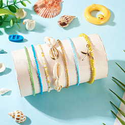 2 Bags Summer Beach Glass Seed Beaded & Natural Shell & Alloy Starfish Charm Anklet Sets&nbsp;AJEW-TA0003-69B