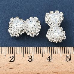 真鍮製マイクロパヴェキュービックジルコニアビーズ  カドミウムフリー＆鉛フリー  蝶結び  ラインストーン付き  銀  透明  10.5x18x10mm  穴：1mm&nbsp;KK-S336-05S-02A