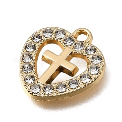 UVメッキ合金クリスタルラインストーンペンダント  ハートとクロスのチャーム  ゴールドカラー  17.5x16x2mm  穴：1.8mm&nbsp;RB-CBAD37D-33G