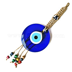 Flat Round with Evil Eye Glass Tassel Pendant Decorations&nbsp;EVIL-PW0002-15