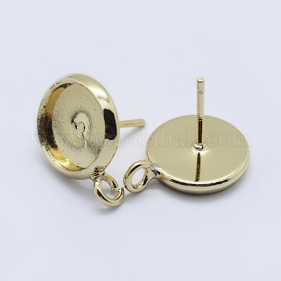 真鍮のスタッドのピアスのセッティング  カン付き  フラットラウンド  ゴールドカラー  トレイ：10mm  16x12mm  穴：2mm  ピン：0.8mm&nbsp;KK-P131-01A-10mm-G-1