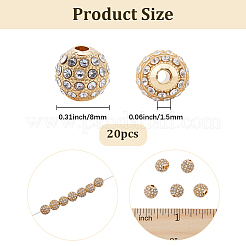 20個の合金ラインストーンビーズ  ラウンド  ゴールドカラー  8x8mm  穴：1.5mm&nbsp;FIND-PA0001-21