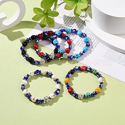 ランプワークのナザールボンジュウと染色合成ターコイズ (染色) スカル ビーズ ストレッチ ブレスレット  女性のための合成ヘマタイト ＆ ラインストーン ビーズ ブレスレット  ミックスカラー  内径：2-1/8インチ（5.4cm）&nbsp;BJEW-JB08922