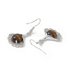 Natural Tiger Eye Ginkgo Leaf Dangle Earrings with Crystal Rhinestone&nbsp;EJEW-A092-03P-08