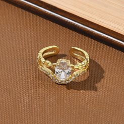 Brass Micro Pave Cubic Zirconia Cuff Open Rings for Women&nbsp;RJEW-C163-23G