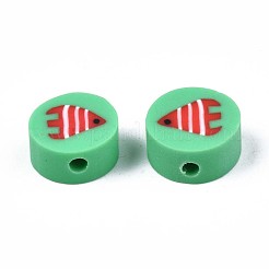手作り樹脂粘土ビーズ  魚の模様を持つフラットラウンド  春の緑  9.5~10x4.5mm  穴：1.8mm&nbsp;CLAY-N007-005-03