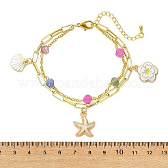 Brass Paperclip Chain & Natural Multicolor Tourmaline Beads Double Layers Bracelets&nbsp;BJEW-JB13851