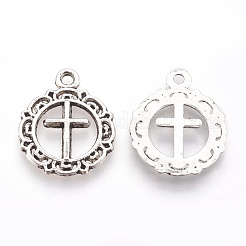 Tibetan Style Flat Round with Cross Alloy Pendants&nbsp;TIBEP-Q054-07AS-RS