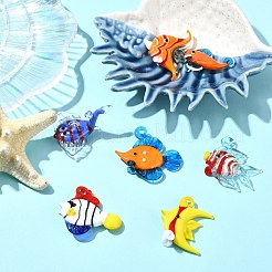7個7スタイル手作りランプワークペンダント  魚のチャーム  ミックスカラー  25~41x30~44x11~35mm  穴：1.2~5mm  1個/スタイル&nbsp;LAMP-CJ0002-96