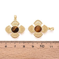 天然石タイガーアイペンダント  真鍮製の花のチャーム  18KGP本金メッキ  25x23x5~6mm  穴：5x2.5mm&nbsp;KK-N287-07G-03