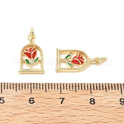 真鍮製エナメルペンダント  丸カン付き  バラのチャームが付いたアーチ  ラックめっき  18KGP本金メッキ  鉛フリー＆カドミウムフリー  長持ちメッキ  レッド  15.5x9.5x2mm  穴：2.2mm&nbsp;X-KK-L237-009G