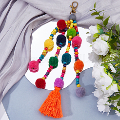 Polyester & Wooden Beads Pompom Ball Tassel Pendants Decorations&nbsp;HJEW-WH0071-52