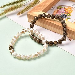 男性女性への石の贈り物  チベットワンアイdzi＆キリンスキンナチュラルチベット瑪瑙ストレッチブレスレットセット  仏頭と生命の木のビーズ  ミックスカラー  内径：3インチ（2-1/8cm）  5.5個/セット&nbsp;BJEW-JB06718