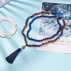 天然ラピスラズリとウッドビーズの2段ネックレス  ハムサハンドネックレス  タッセルとマグネットクラスプ付き  女性のための  19インチ（48.5cm）&nbsp;NJEW-JN03901