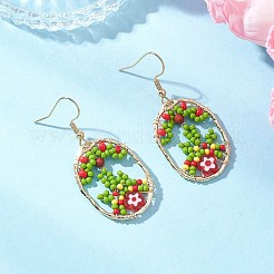 楕円形のガラスの花のダングルイヤリング  合金と304ステンレススチールのピアスフック付き  ゴールドカラー  レッド  47x21.5mm&nbsp;EJEW-MZ00627-01