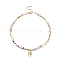 Brass Virgin Mary Pendant Necklace with Natural Pearl Beaded Chains for Women&nbsp;NJEW-JN04144-02