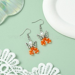 ガラスダングルピアス  合金ビーズと304ステンレススチールのピアスフック付き  天使  オレンジ  44~45x18mm&nbsp;EJEW-MZ00319-03