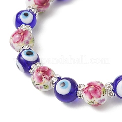 Handmade Flower Printed Porcelain Ceramic & Handmade Lampwork Evil Eye Beads Stretch Bracelets for Women&nbsp;BJEW-JB12105-02
