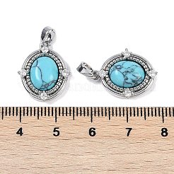 合成ターコイズのオーバルペンダント  真鍮クリアキュービックジルコニアチャーム  プラチナ  18x15x4.5mm  穴：3.5x2.5mm&nbsp;KK-U043-44P-D