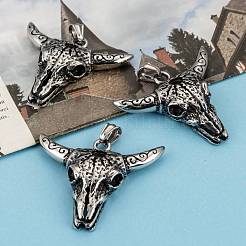 316サージカルステンレススチール製ビッグペンダント  牛の頭蓋骨  アンティークシルバー  43x50x11mm  穴：8x4mm&nbsp;STAS-E070-29