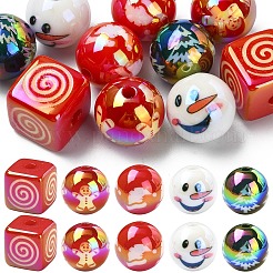12個 6スタイル クリスマステーマ UVメッキ アクリル ラウンド/キューブビーズ  虹色の  ミックスカラー  混合図形  15~16x15~16mm  穴：2.8~3.7mm  2個/スタイル&nbsp;OACR-YW0003-46