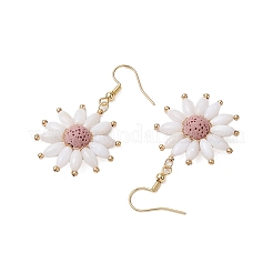 天然の溶岩石の花のダングルイヤリング  真鍮製のピアスフック付き  ゴールドカラー  ピンク  47x27.5mm&nbsp;EJEW-TA00568-01