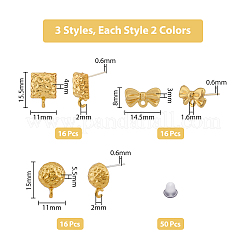 48Pcs 6 Style Half Round & Bowknot & Rectangle Alloy Stud Earring Findings&nbsp;FIND-DC0003-22