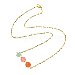 Round Cherry Quartz Glass & Natural Carnelian & Chip Natural Green Aventurine Beaded Pendant 304 Stainless Steel Satellite Chain Necklaces for Women&nbsp;NJEW-JN06158-03