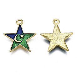 合金エナメルチャーム  カドミウムフリー＆鉛フリー  ゴールドカラー  月と星の星  グリーン  19.5x18x2mm  穴：1.5mm&nbsp;PALLOY-T075-71G-RS