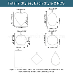 14個 7スタイル 304ステンレススチール オープンバックベゼルペンダント  UVレジンDIY用  エポキシ樹脂  プレスジュエリー  ハート＆六角形＆ひし形  ステンレス鋼色  混合図形  28~47x17.5~30.5x3mm  穴：1.6~2mm  内径：23~30.5x23~28.5mm  2個/スタイル&nbsp;FIND-UN0002-28