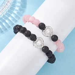 2Pcs Natural Round Pink Mashan Jade & Lava Rock Beads Stretch Bracelets&nbsp;BJEW-JB12879