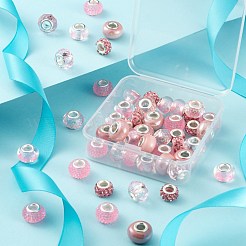 DIYジュエリー作成キット  50個入り5スタイルロンデルアクリル＆ポリマークレイラインストーン＆レジンラインストーン＆透明ガラス＆パール仕上げ手作り磁器ヨーロピアンビーズ  ピンク  10~16x7~10mm  穴：4.5~5mm  10個/スタイル&nbsp;DIY-LS0001-78B