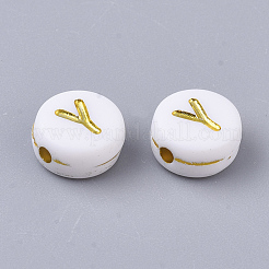 メッキアクリルビーズ  ゴールドライン入り  水平穴  アルファベット付きのフラットラウンド  ホワイト  文字.y  7x3.5mm  穴：1.2mm  約360個/50g&nbsp;X-PACR-R242-01Y