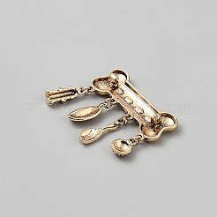 バックパックの服に合う骨亜鉛合金のラペルピン  ぶら下がるチャーム付き  アンティーク黄金  46.5x49.5mm&nbsp;JEWB-CJC0007-14AG