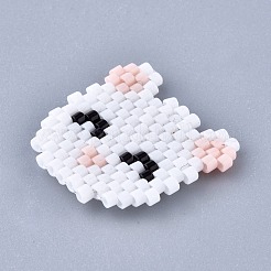 手作りシードビーズペンダント  弾性糸で  織機模様  猫の形  ホワイト  18~19x19~20x1.5mm&nbsp;SEED-I012-33A