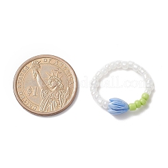 Flower Bud Synthetic Coral & Glass Seed Beaded Stretch Ring for Women&nbsp;RJEW-JR00557