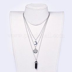 弾丸合成ブラックストーンペンダントティアードネックレス  チベットスタイルの合金金具と304ステンレス鋼金具付き  梱包箱  16.4インチ（41.8cm）  2mm&nbsp;NJEW-JN02457-04